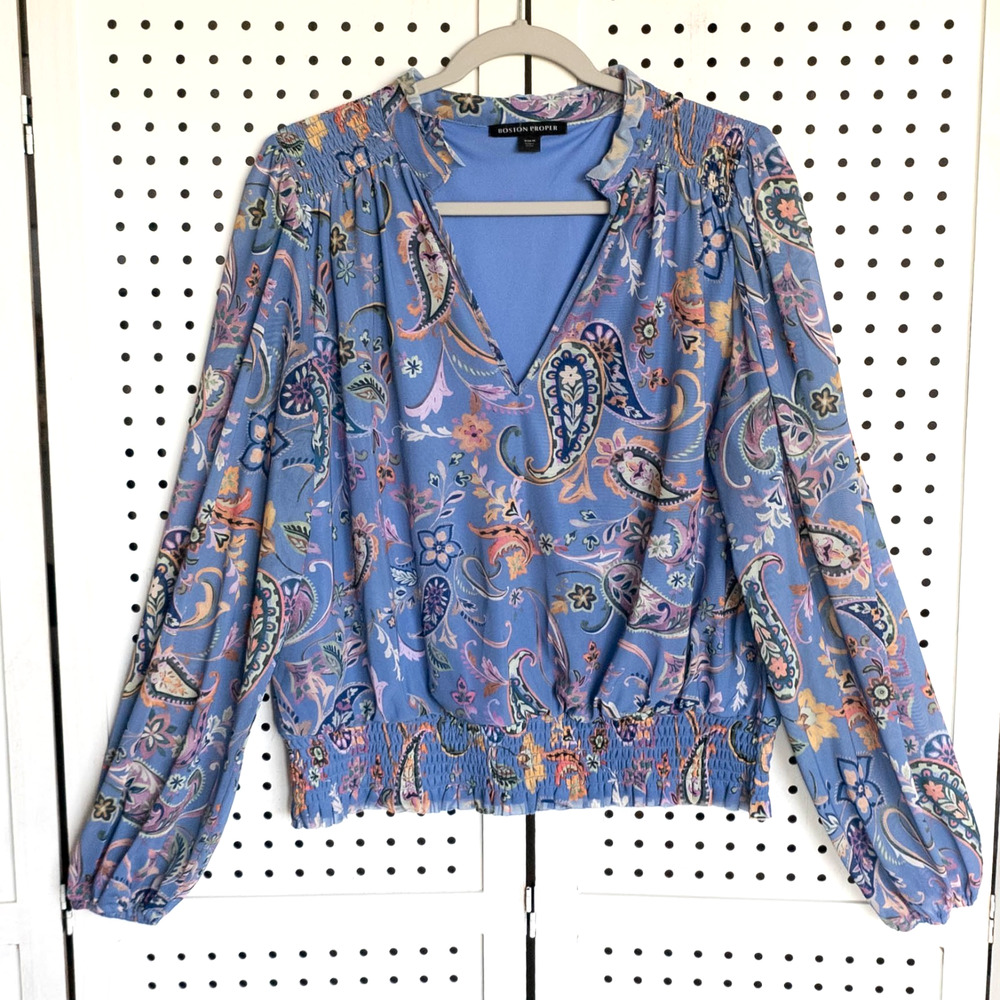 Boston Proper Purple Paisley Floral Smocked Top Sheer Sleeve Womens SIZE M